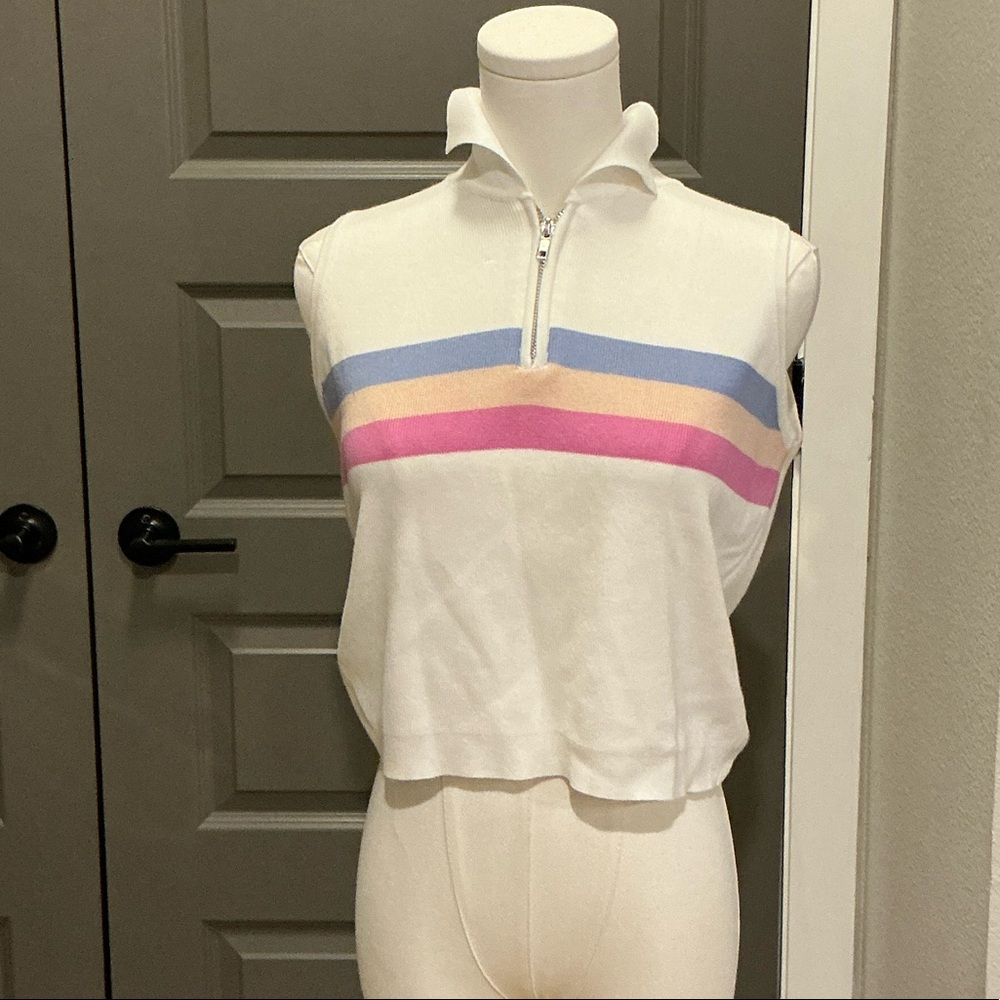 Pink Rose White Collared Top with Colorful Stripes